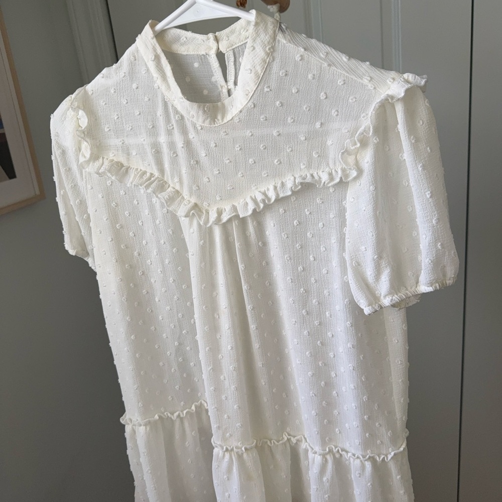 Anthropologie Cream Swiss Dot Ruffle Yoke Blouse